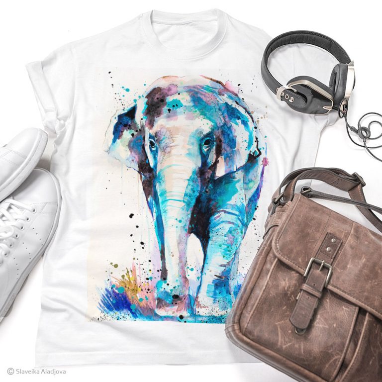 Тениска с азиатски слон, акварел от художника Славейка Аладжова