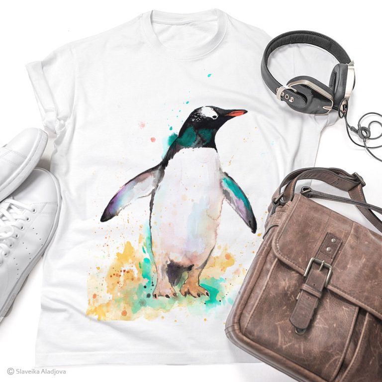тениска с пингвин 2 Тениска със субантарктически пингвин, акварел от художника Славейка Аладжова