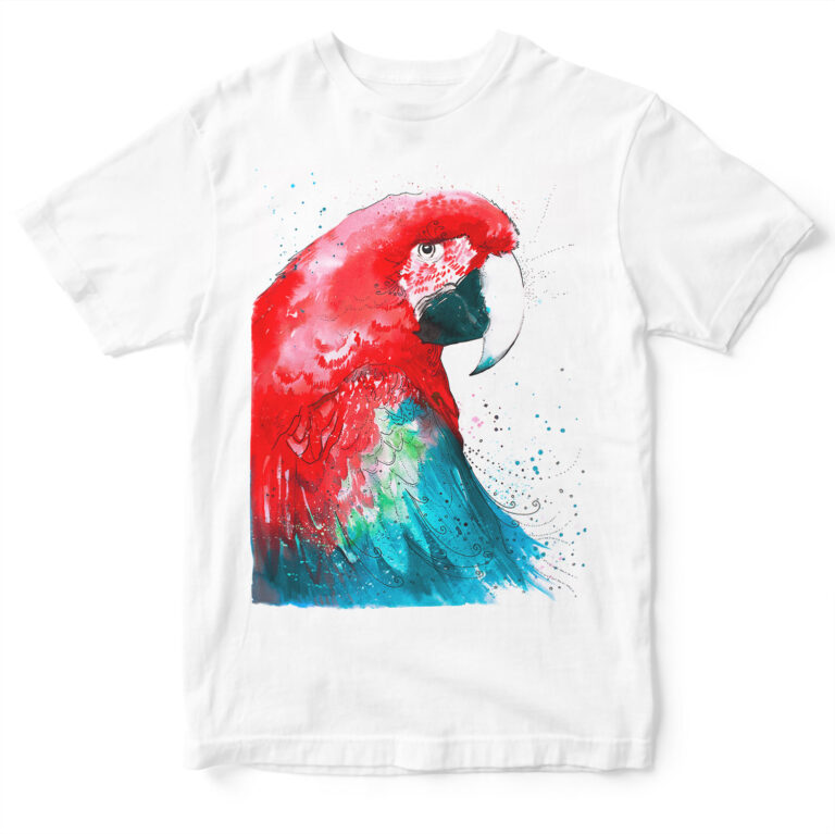Ара Папагал Тениска. Унисекс, дамски и детски тениски Тениска с червен папагал ара, акварел от художника Славейка Аладжова