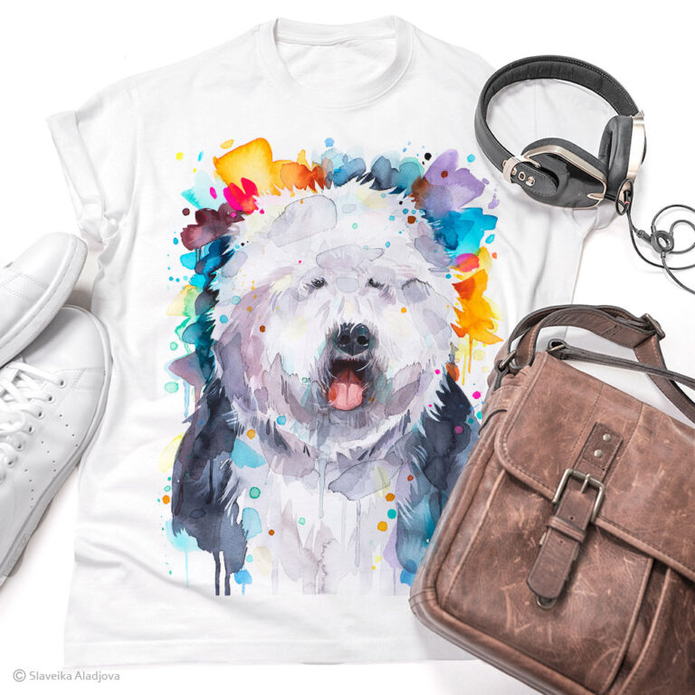T-shirts-art-10 Тениска с бобтейл, староанглийска овчарка, акварел от художника Славейка Аладжова