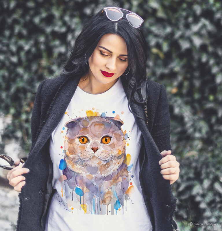 Шотландска клепоуха котка Тениска с шотландска клепоуха котка, акварел от художника Славейка Аладжова