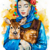 Мома в носия от Варненско със сърна, акварелна картина, художник Славейка Аладжова
