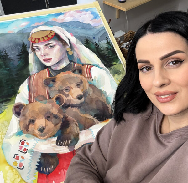 Оригинална картина "Мома с мечета и Скалният феномен Стъпалата в Пирин" художник Славейка Аладжова
